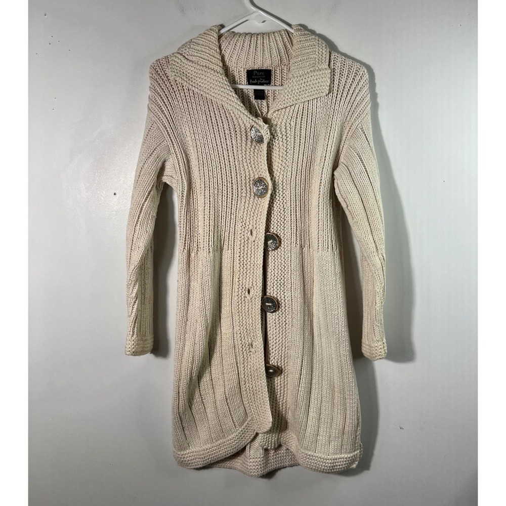 Pure Handknit Fresh Produce Cream Cotton Long Button Cardigan S/M Flaw